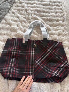 Plaid Tote Bag with Gold Logo Accent - Black & Red Plaid
